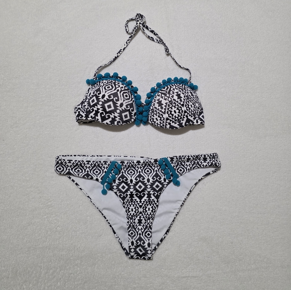 CALZEDONIA Black and White Patterned Bikini Set with Blue POM-POM SIZE S